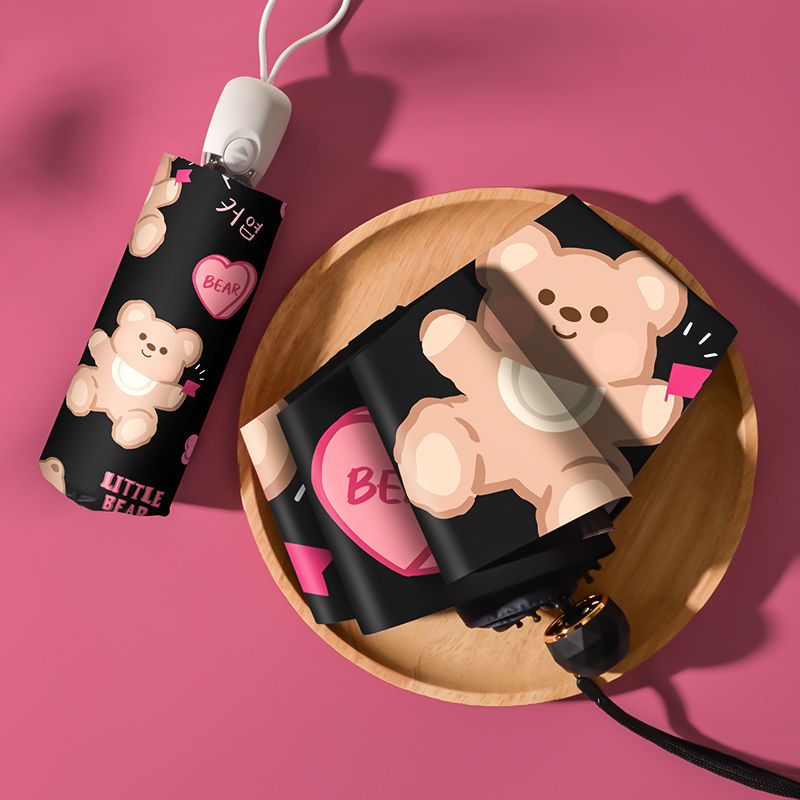 Dù gập tự động mini che nắng mưa bảo vệ khỏi tia UV công dụng kép họa tiết gấu dễ thương