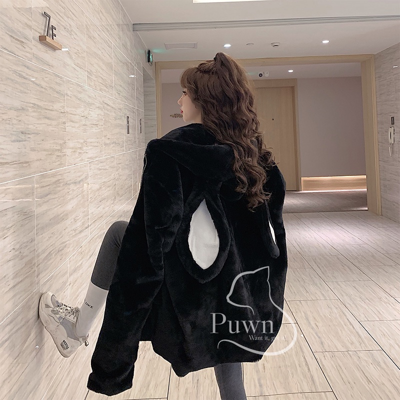 Áo khoác lông trắng tai thỏ hồng ấp áp siêu cute, phô mai que Puwn Shop