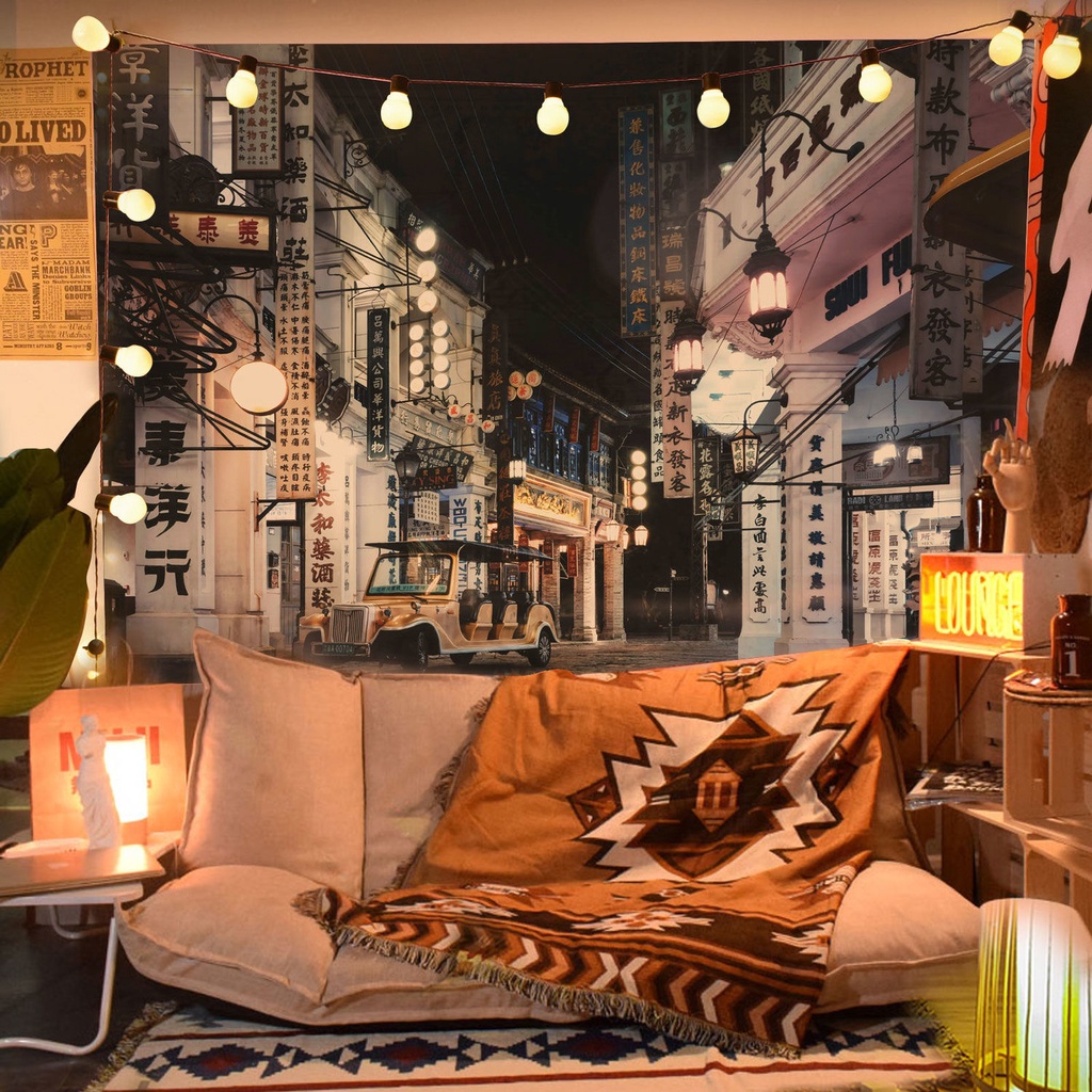 Thảm treo tường trang trí phòng ngủ/ký túc xá in hình phong cảnh đường phố