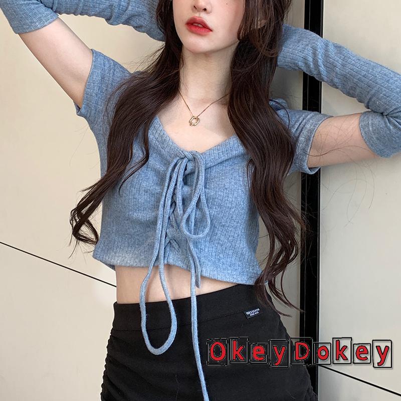 Set Áo Croptop Ngắn Tay Cổ Chữ V + Áo Kiểu Dây Rút Phía Trước Thời Trang Cho Nữ