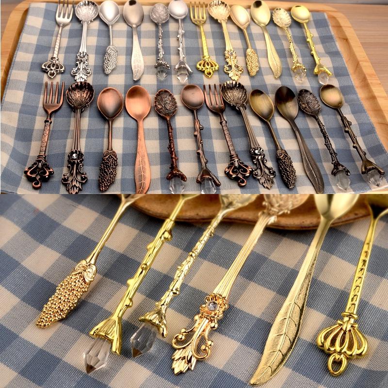 Bộ 6 muỗng và nĩa uống trà kim loại phong cách hoàng gia vintage