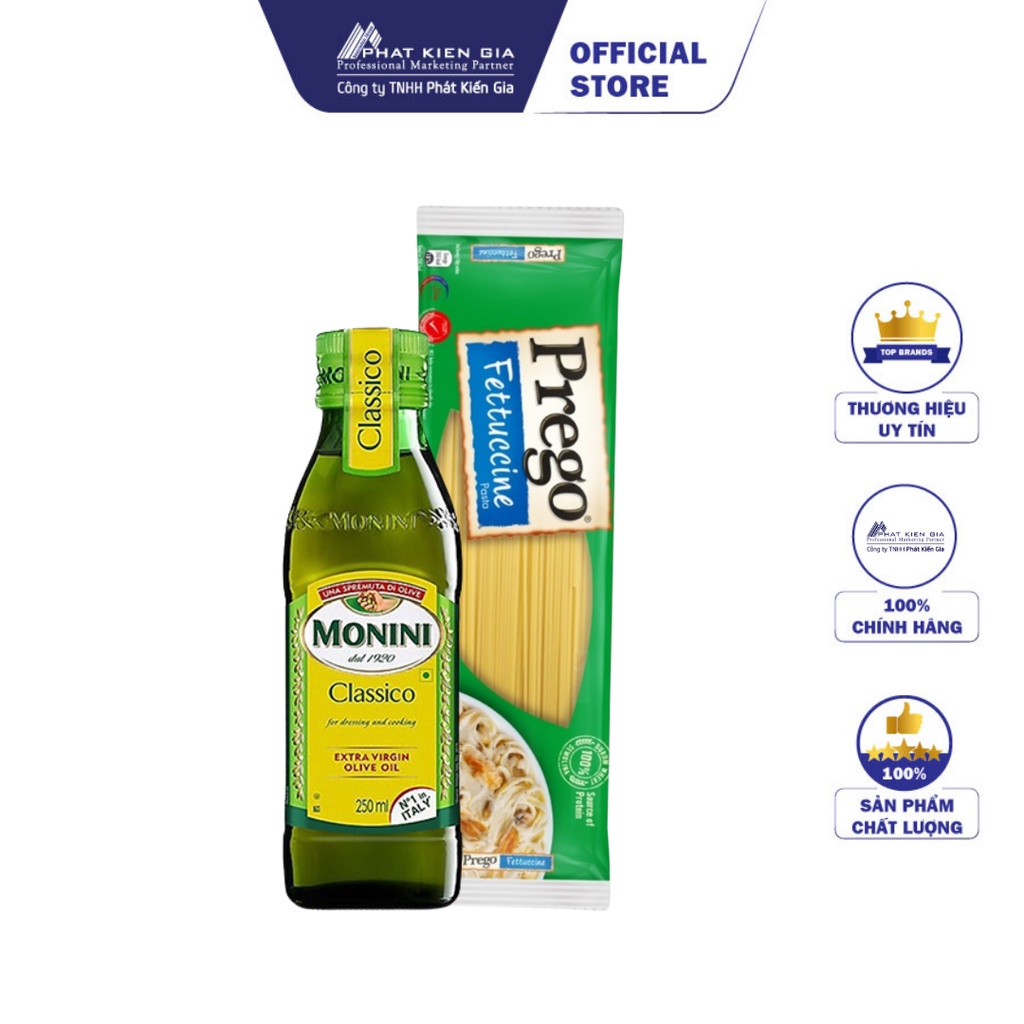 COMBO 1 Chai Dầu Oliu Nguyên Chất Monini Extra Virgin 250ml + 1 Gói Mì Sợi Fettuccine Prego 500g