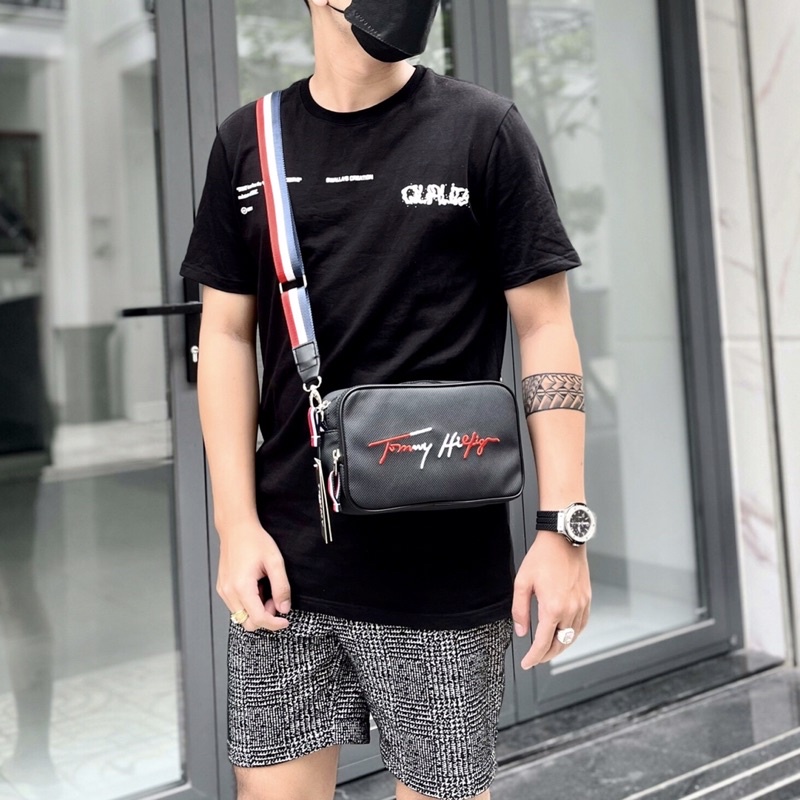 (Full tem mác) Túi đeo chéo nam 2 khoá năng động, logo thêu dây bảng