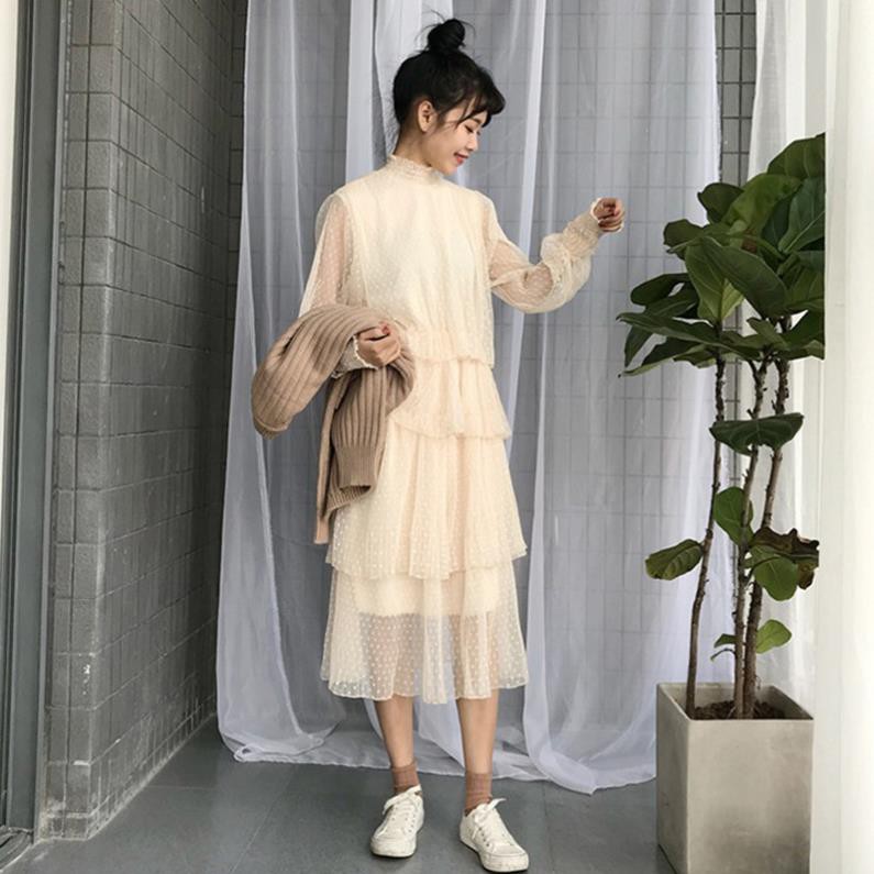 váy ulzzang đầm dài váy liền xòe tầng nhiều lớp đầm nữ đẹp kiểu hàn quốc bánh bèo siêu xinh new