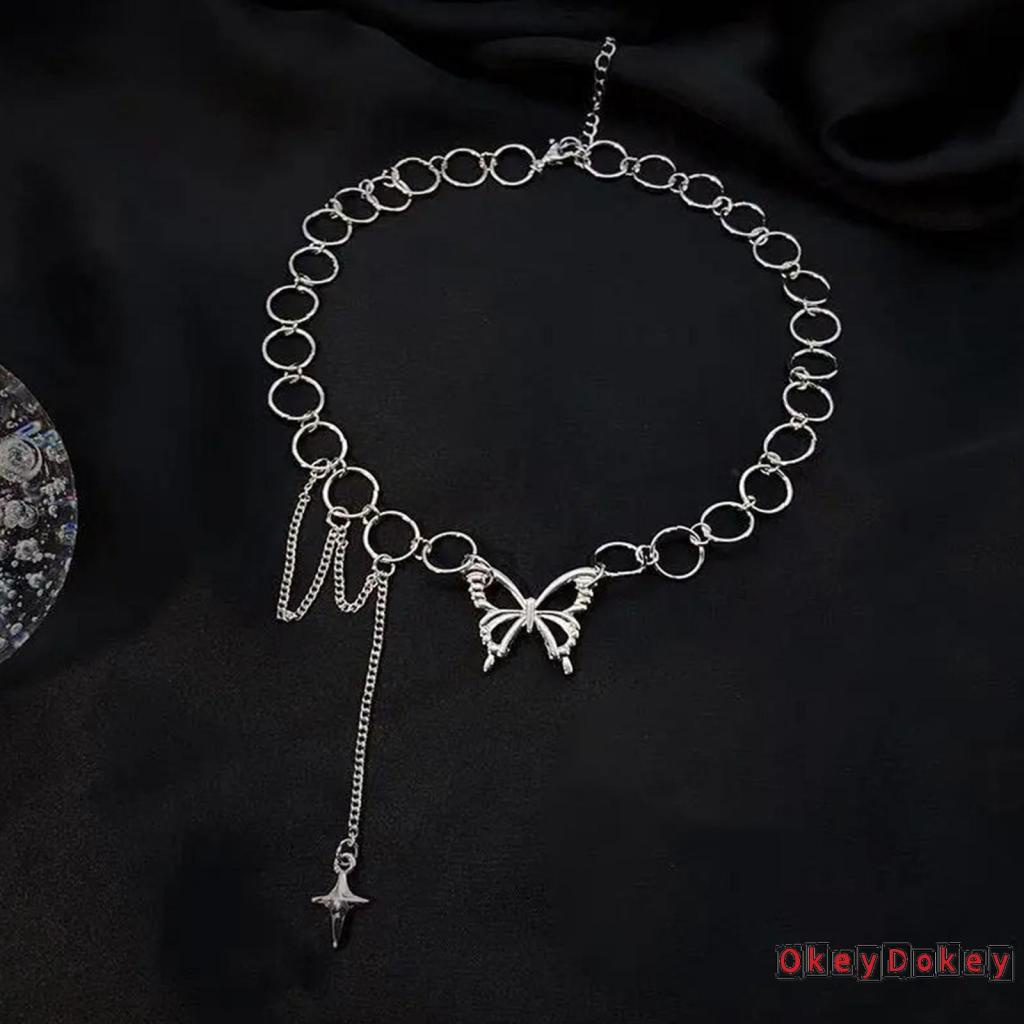 OKDK-Women Butterfly Choker Necklace Silver Adjustable Collarbone Chain