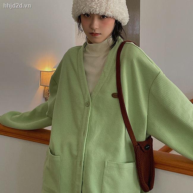 Áo khoác cardigan cổ V dáng rộng tay dài cài nút/ Áo lót trong phong cách xuân thu cho nữ