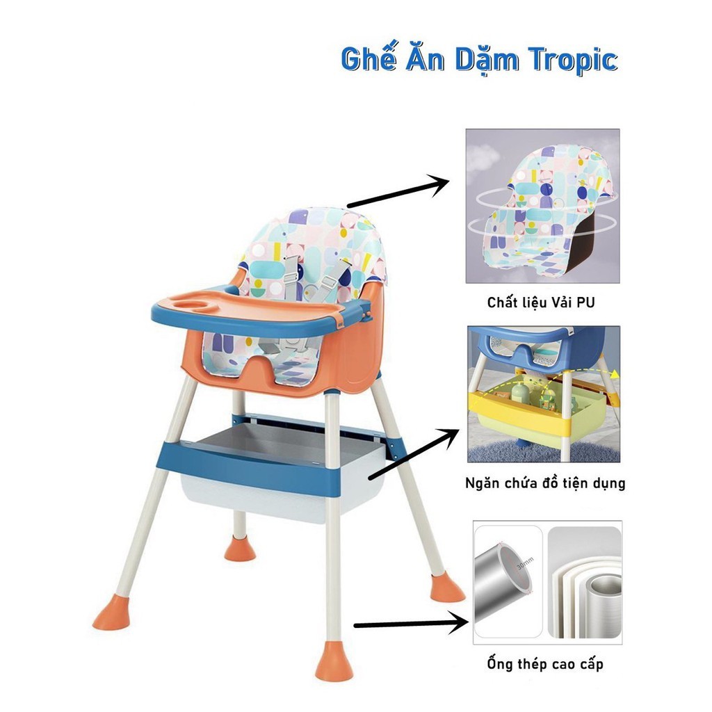 Ghế ăn dặm cho bé CAYABE Tropic nâng chỉnh 3 mức độ cao bàn ăn tháo rời màu cam