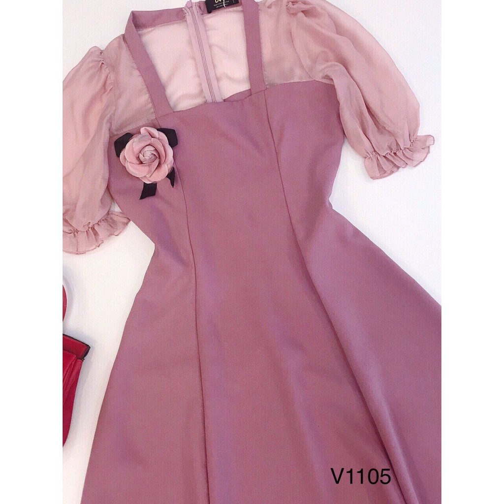 Gunkaymatter Đầm Xòe Cổ Vuông Tay Phối Lưới Cài Bông Ngực Siêu Xinh Chất Liệu Umi Phối Lưới Thời Trang Nữ Thiết Kế