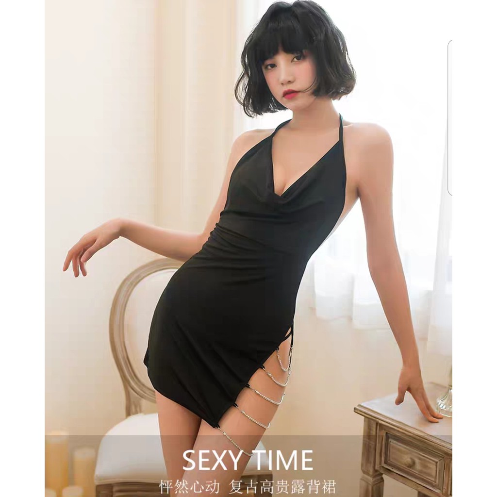 Đồ cosplay nữ xẻ hông đính hạt kim sa lấp lánh sexy quyến rũ - Váy ngủ dây xích xẻ hông sang trọng