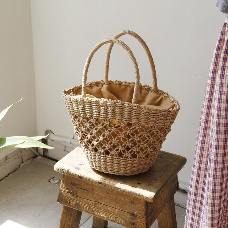 Túi cói cầm tay đan thưa - hoa văn đồng tiền - phong cách Vintage
