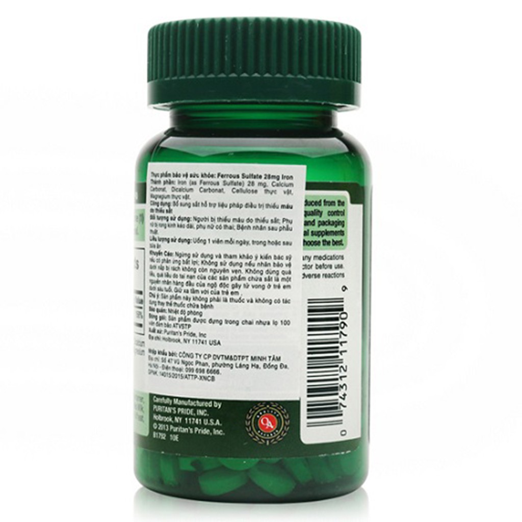 Viên uống bổ sung sắt giúp bổ máu, phòng ngừa thiếu máu Puritan's Pride Ferrous Gluconate 28mg Iron 100 viên