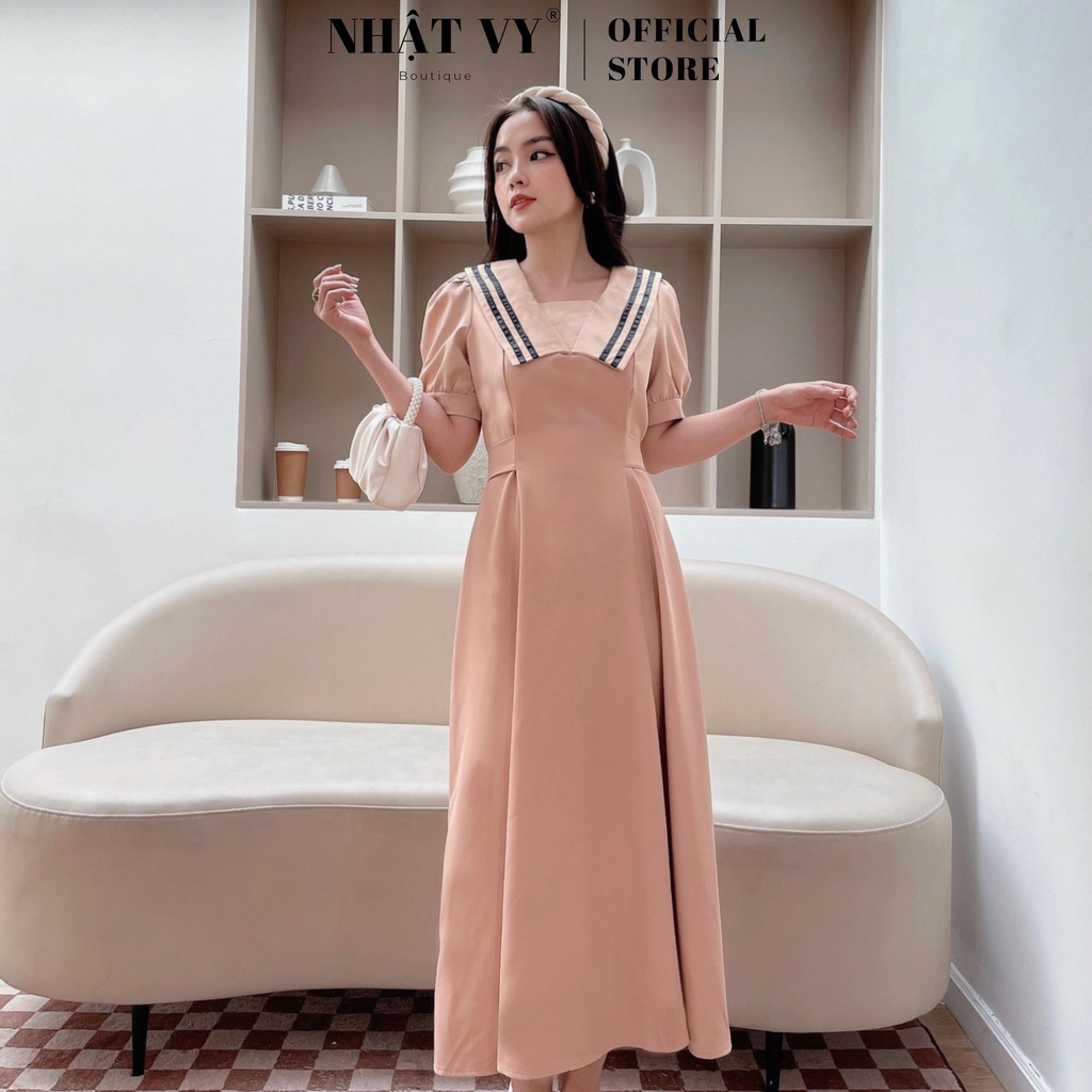 Đầm Công Sở NHẬT VY Dáng Tiểu Thư Viền Cổ Tay Phồng Phối Dây Thắt Eo Dáng Xoè Chất Kaki Thun Màu Xanh, Nude - D2309