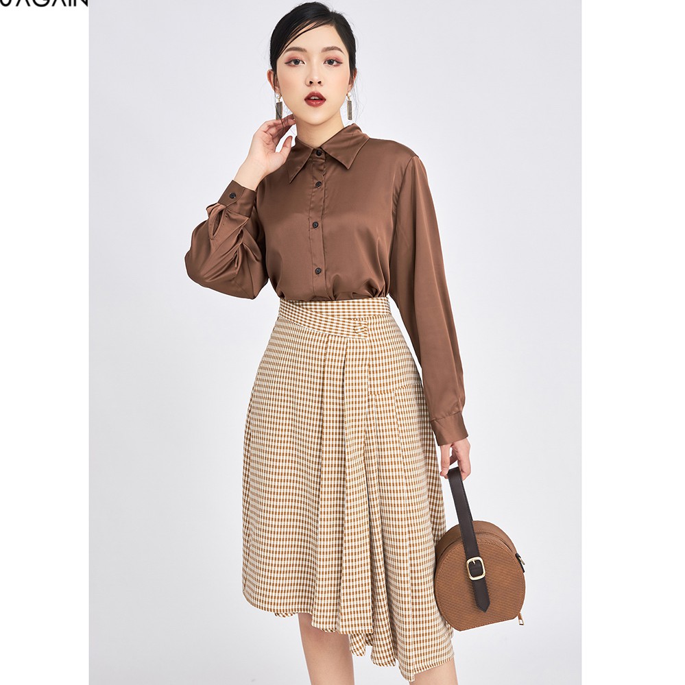 Chân váy nữ midi 92WEAR 3 MÀU, dáng A xếp ly vạt lệch kẻ caro JAA1331