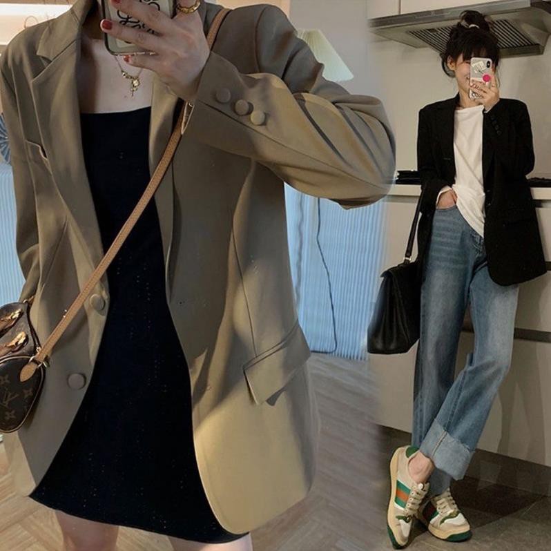 FREESHIP ÁO BRAZER NÂU ĐEN TRẮNG HAI LỚP FORM THUNG CAO CẤP