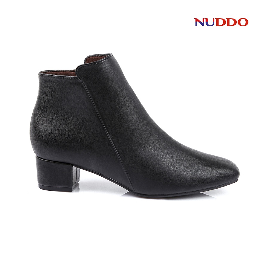 Giày boot nữ cao cấp NUDDO dáng bốt cổ ngắn gót vuông 3 phân mũi vuông da mềm phong cách thời trang công sở NBO3