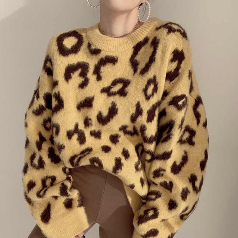 Áo Sweater Dệt Kim Hoạ Tiết Da Báo Thiết Kế Dáng Rộng Thoải Mái