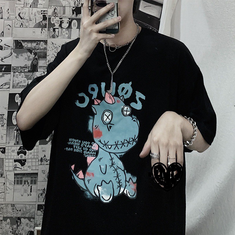 Áo Thun Tay Lỡ Unisex Áo Phông Form Rộng Nam Nữ In Hình Khủng Long Oversize Cá Tính