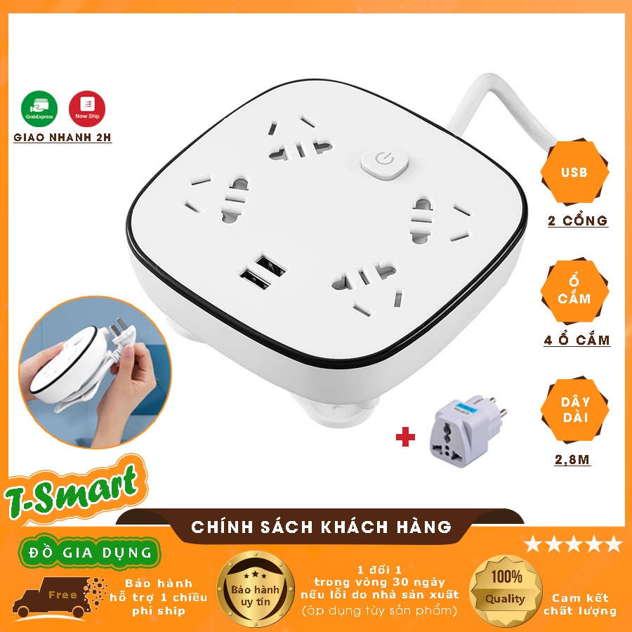 Ổ Cắm Điện Thông Minh Đa Năng Quấn Gọn, Dây Dài 2,8M Có Đầu Cắm USB Sạc An Toàn Chống Giật