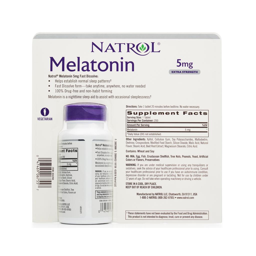 Natrol Melatonin 5mg điều hòa giấc ngủ, ngủ ngon, ngủ sâu giấc hơn, giảm âu lo, stress, Chai 250 viên