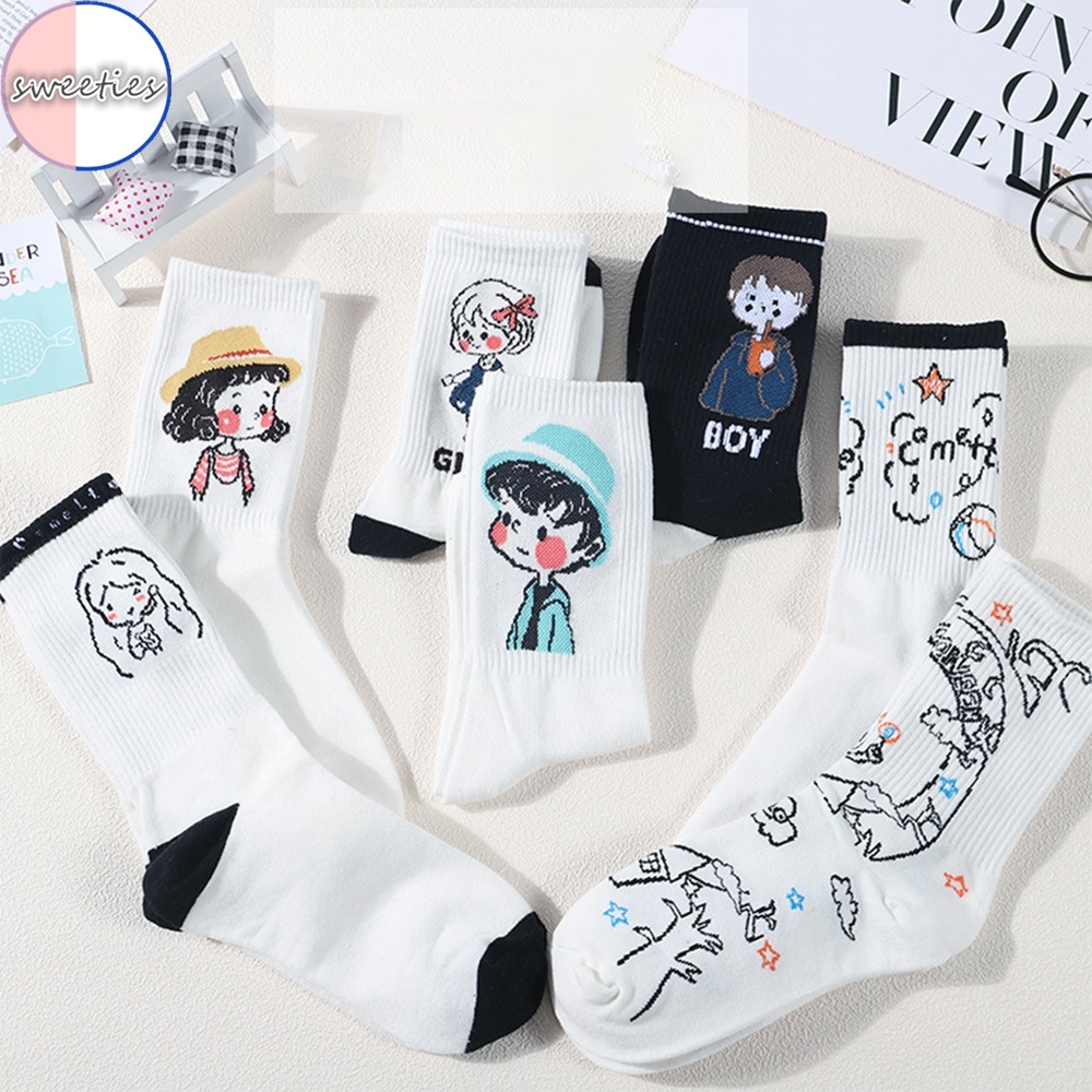 Đôi Vớ Cotton Màu Trơn In Họa Tiết Hoạt Hình Phong Cách Hàn Quốc Thời Trang Cho Nữ