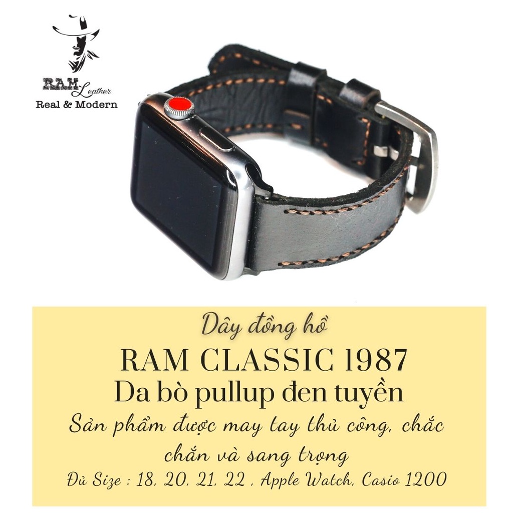 Dây đồng hồ da bò đen handmade bền chắc cực đẹp RAM Leather classic black đủ size - tặng khóa chốt và cây thay dây