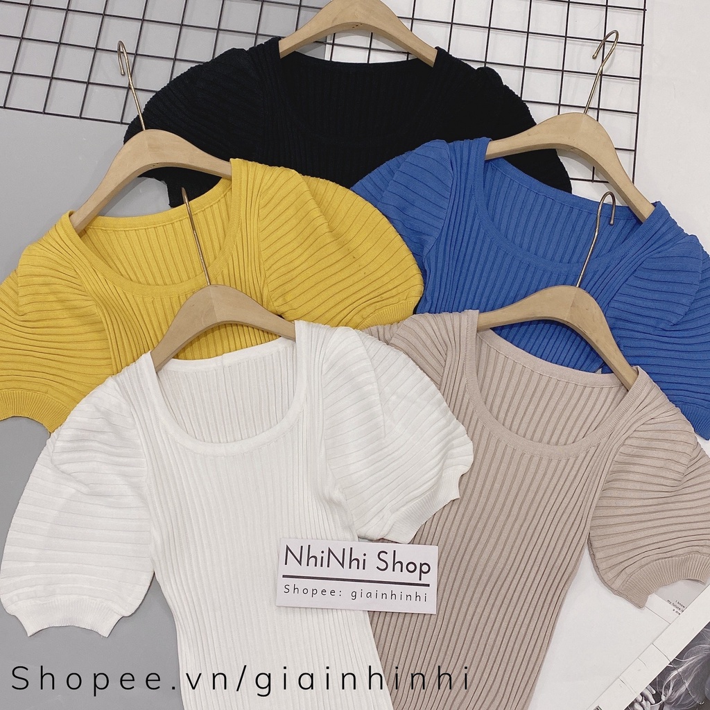 Áo len tăm kiểu cổ vuông tay bồng, Áo kiểu vai bồng tay bo chun AL1612 - NhiNhiShop