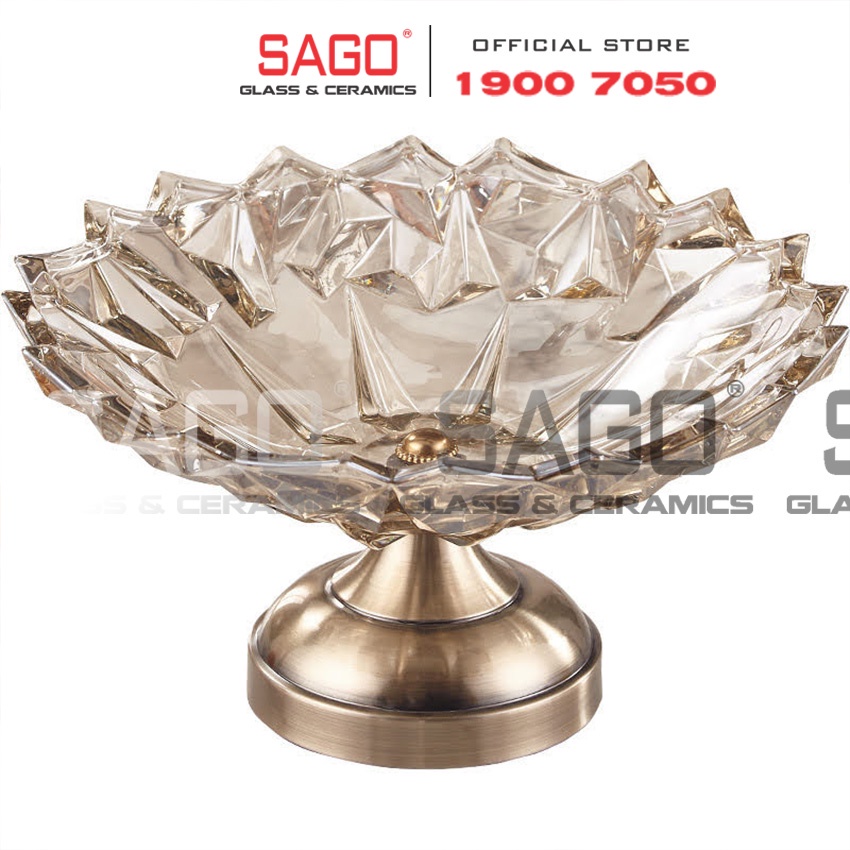 Đĩa Thủy Tinh Trái Cây Có Chân Mạ Đồng Họa Tiết Kim Cương Cao Cấp | Tùy Chọn Size