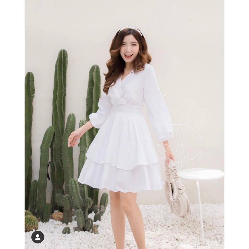 🔥Đầm trắng xòe eo xếp li tay dài ulzzang cực phẩm - Váy dự tiệc hàng thiết kế cao cấp