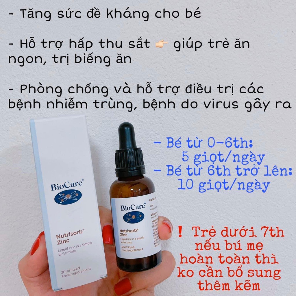 Kẽm nước BioCare Nutrisorb ZinC, Anh (30ml dạng giọt) tăng cường đề kháng cho trẻ sơ sinh từ 1 tháng tuổi