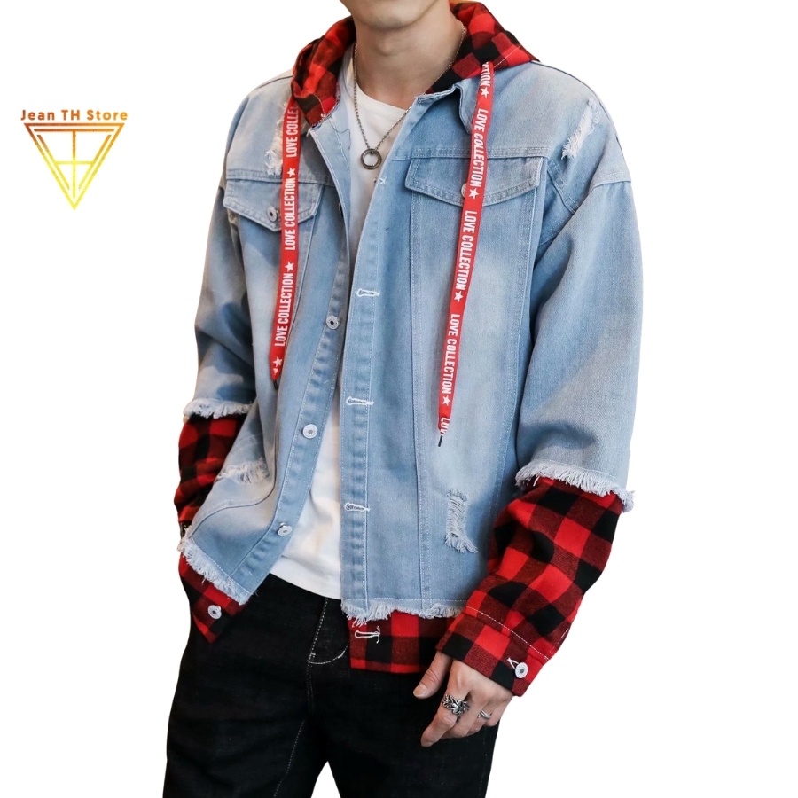 Áo khoác jean unisex nam nữ TH Store bò phối caro đỏ cá tính phong cách ulzzang - Hàng mới về