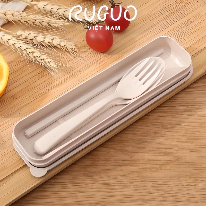 Bộ đũa thìa muỗng dĩa cá nhân văn phòng làm bằng lúa mạch tặng kèm hộp đựng