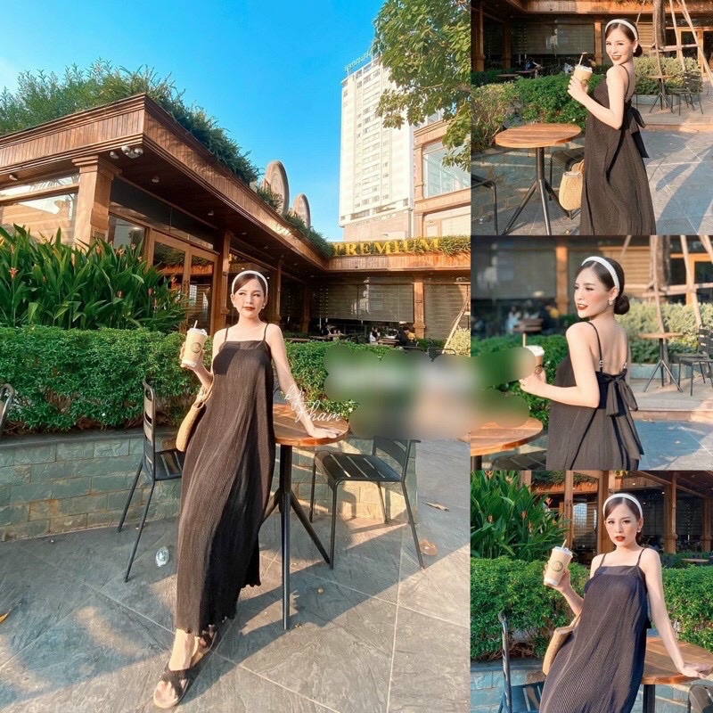 Đầm dập ly 2 dây cột nơ sau lưng dáng suông _hình thật.