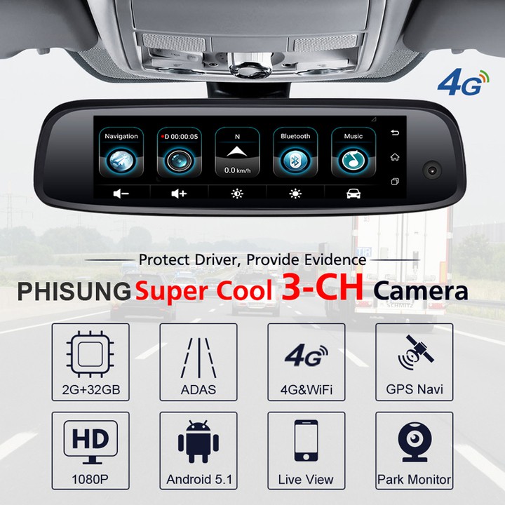 Camera hành trình cao cấp Phisung E09-3 tích hợp 3 camera, 4G, Android, Wifi | WebRaoVat - webraovat.net.vn