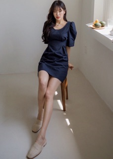 Đầm xanh đen cổ tròn thắt nơ mặc đi chơi đi làm đều xinh (kèm hình thật)