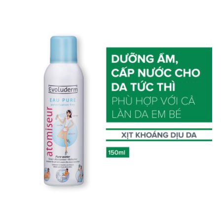 Xịt khoáng Evoluderm giúp dưỡng ẩm cấp nước và làm dịu làn da Atomiseur Eau Pure 150ml