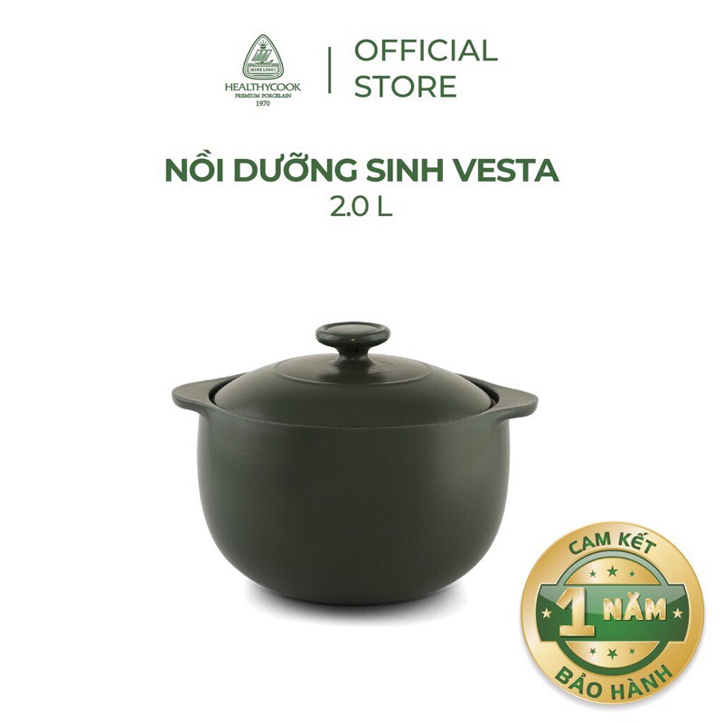 Nồi Sứ Dưỡng Sinh Minh Long Vesta 2.0L Dùng Cho Bếp Ga, Hồng Ngoại, Có Nắp, Dùng Kho Cá, Hầm Cháo
