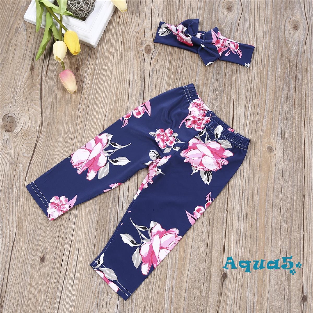 Quần legging họa tiết hoa kèm băng đô nơ xinh xắn dành cho bé gái