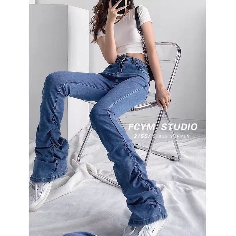 European and American Millennium hot girls pleated pile pants leg slimming horn jeans autumn high waist denim mop pants Youy