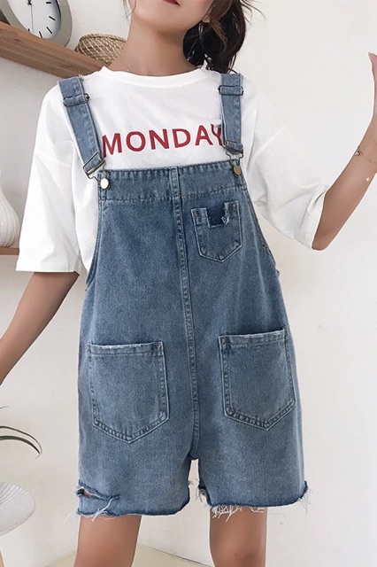 (Order-ảnh thật) có bigsize Quần yếm jeans lửng rách đùi phối 2 túi ullzang 2019 | BigBuy360 - bigbuy360.vn