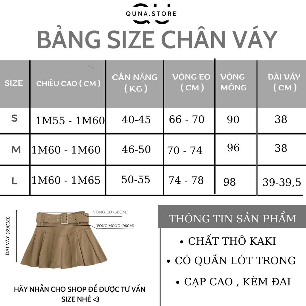 Chân váy xếp li dáng xoè lưng cạp cao thắt  đai eo thon chất thô kaki cv09