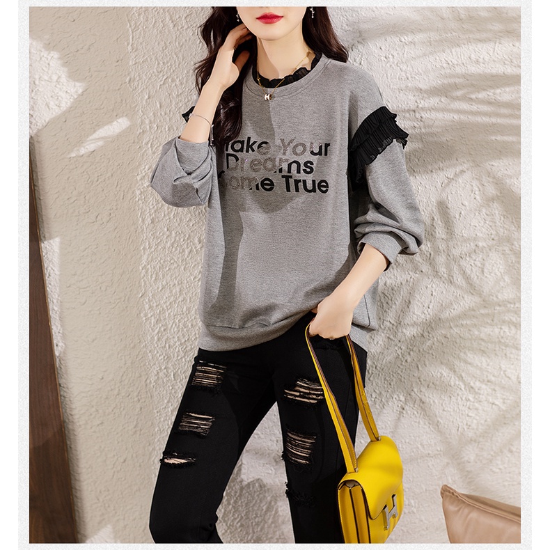 ZHELIHANGFEI Áo Nỉ Nữ Dài Tay Cổ Tròn Form Rộng Thời Trang Hàn