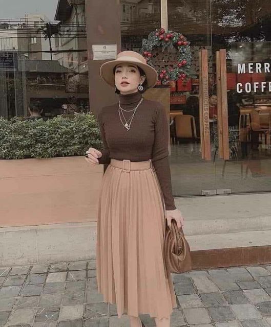 Chân váy dập li kèm đai vuông hàng QC