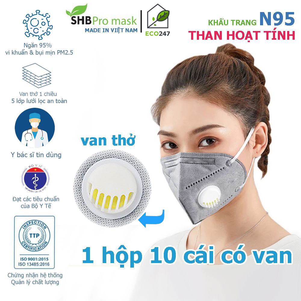 (Chính Hãng) Khẩu trang y tế 5 lớp N95 có van thở Than Hoạt Tính SHBPro mask 3D 5 lớp kháng khuẩn, lọc Bụi Siêu Mịn PM2