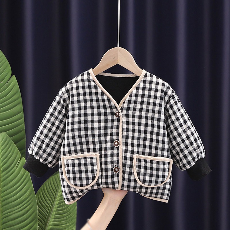 Áo khoác cotton phối len cashmere họa tiết sọc ca rô phong cách Hàn Quốc thời trang cho bé