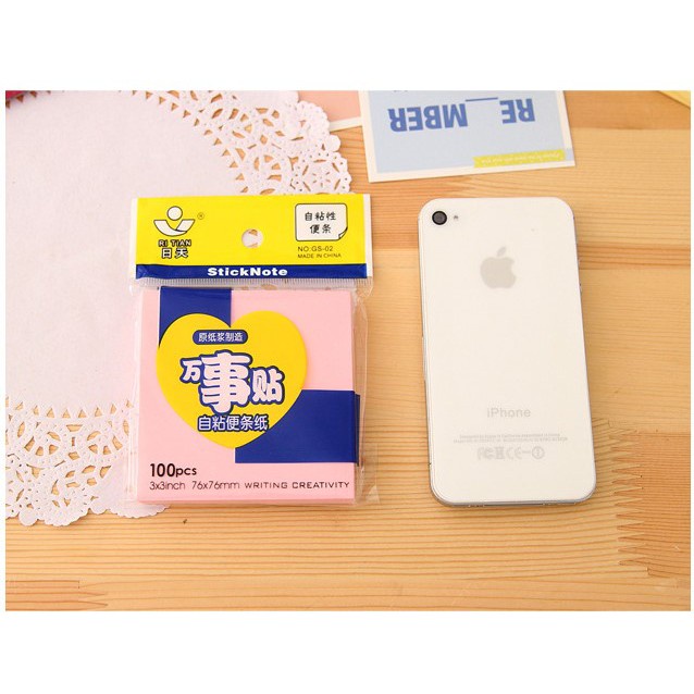 Giấy nhớ vuông sắc màu, giấy ghi chú dán được (100 tờ)