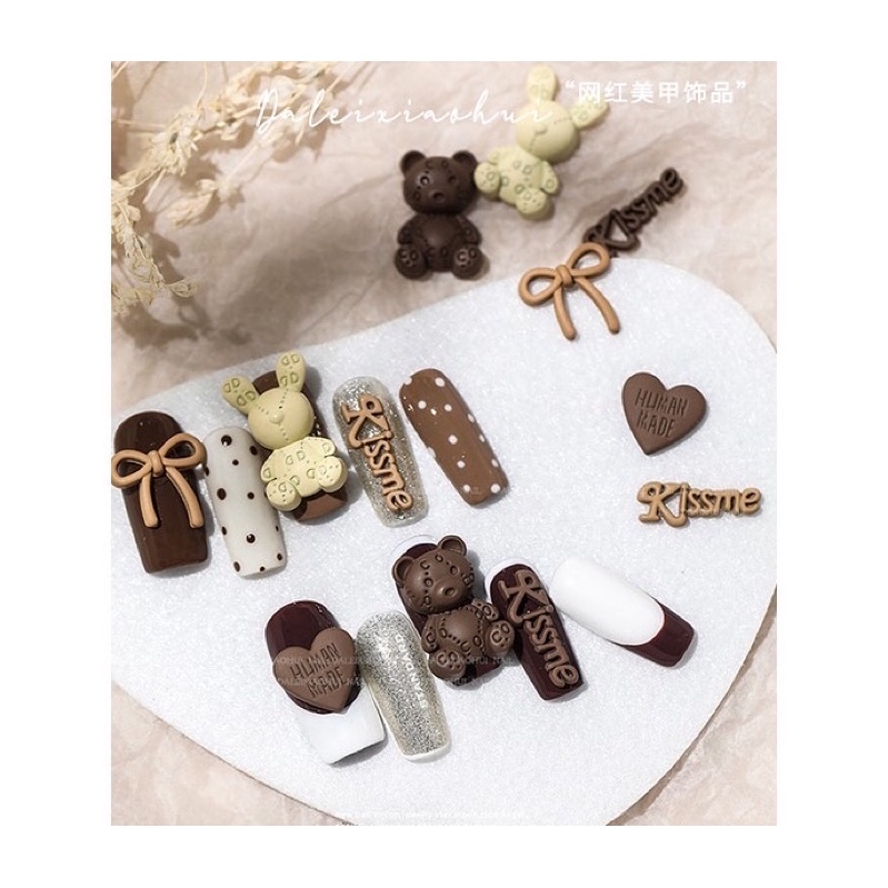 Charm nail bột, phụ kiện trang trí móng tay hình nơ, chữ, trái tim, gấu siêu bền