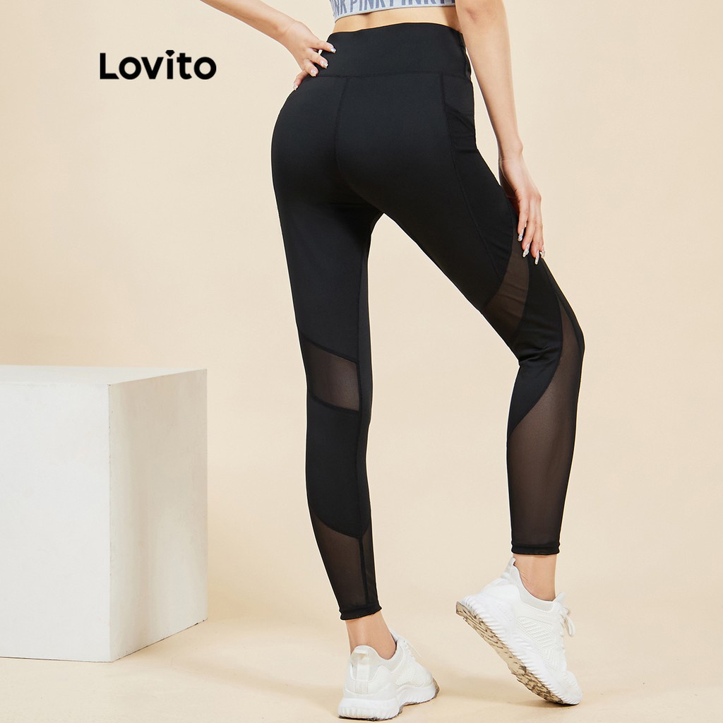 Quần legging Lovito màu trơn phối lưới tương phản nhanh khô L15X241 phong cách thể thao (Màu đen)