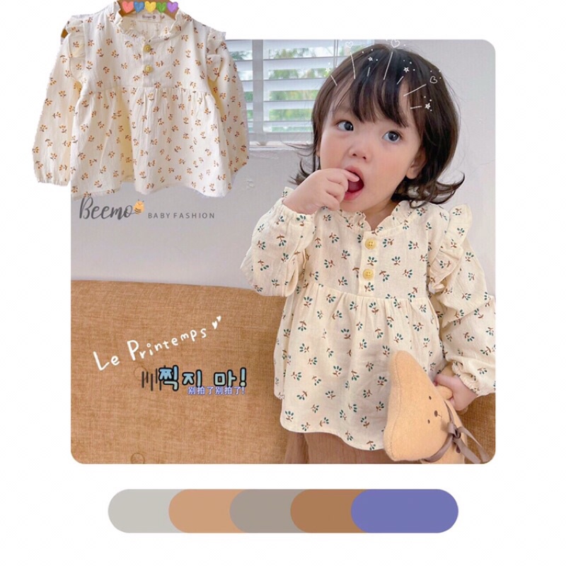 Áo sơ mi dài tay babydoll hoa nhí Beemo chất đũi mềm mát cho bé gái siêu tiểu thư