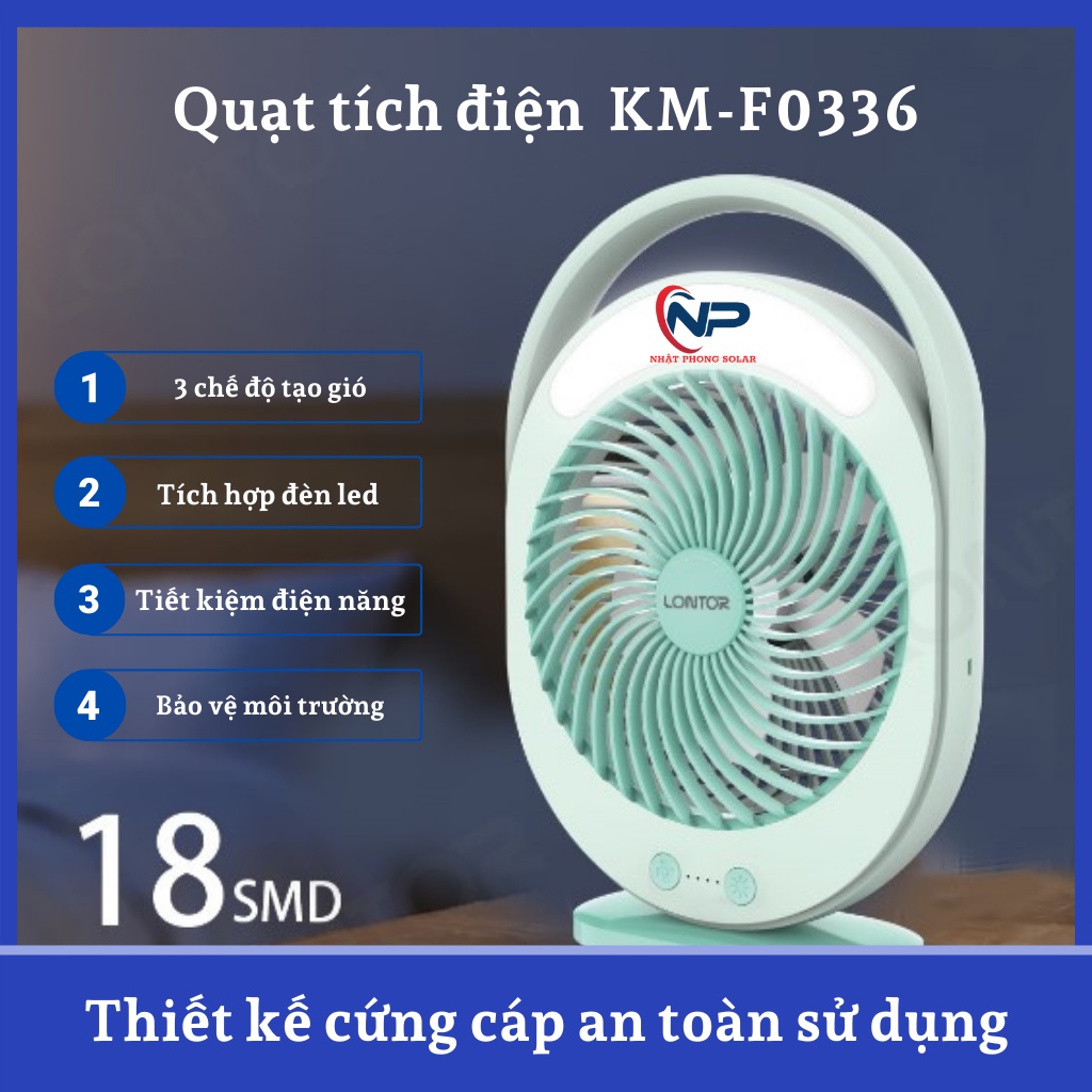 Quạt Tích Điện SHOPNHATPHONG Quạt Sạc Tích Điện KM - F0336 Sạc USB Để Bàn Có Đèn LED-Dung Lượng Pin Lên Tới 4500mAh