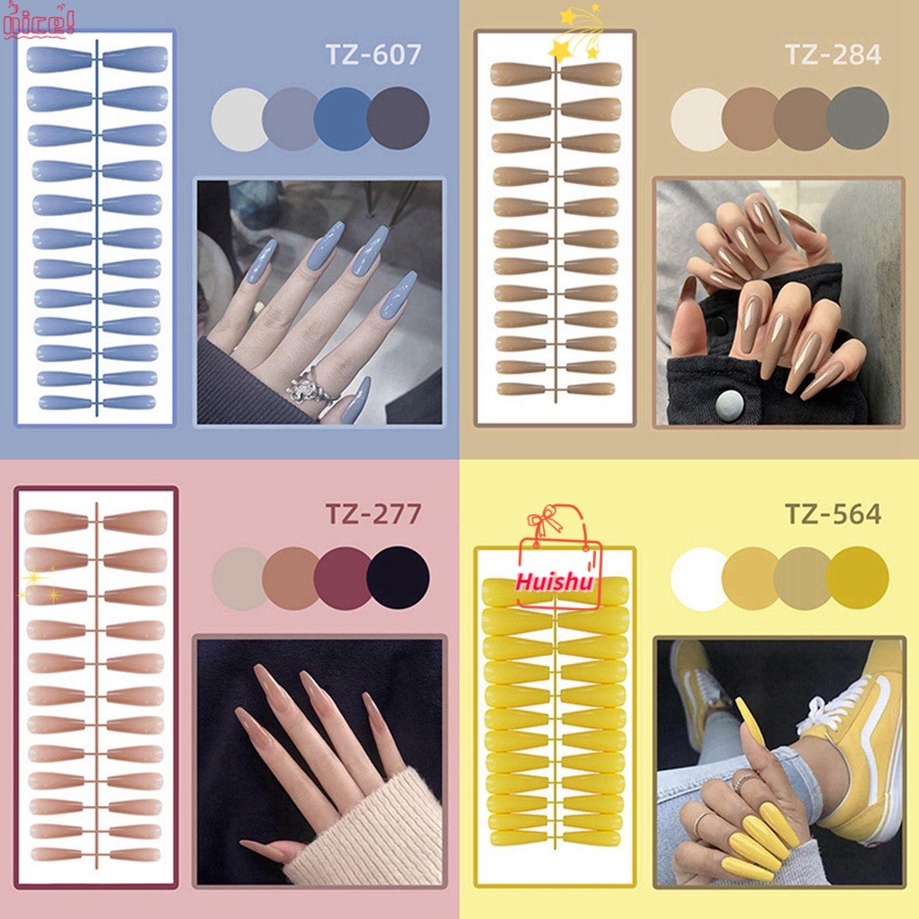 ✣HS✣ 24pcs/Bag Jelly Color With Press Glue Artificial Wearable Long Gourd False Nails Detachable Nail Tips Manicure Tool Full Cover Press On Nails Coffin Fake Nails